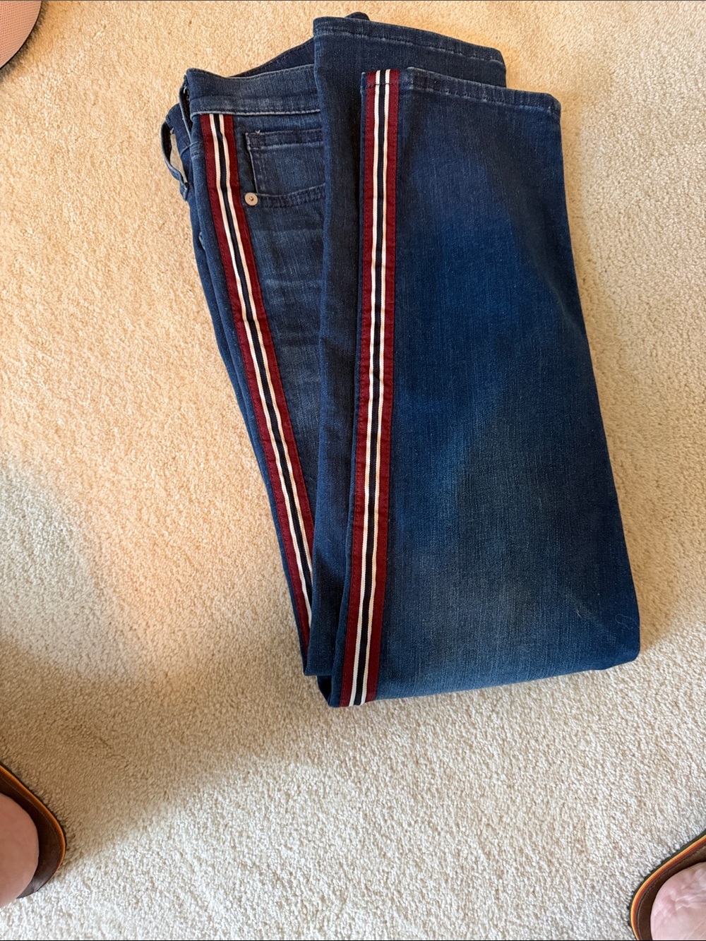 Madewell womans Slim Straight Dark Blue Jeans with Red & White Side Stripes